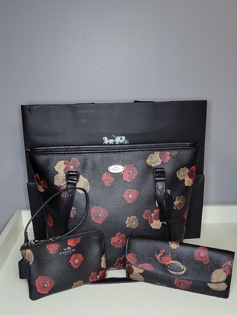 Coach Taxi Zip Top Floral Print Tote Bag 3pc.Set